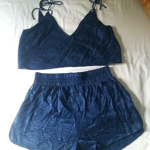 Victorias Secret blue zebra animal print pajama set shorts tank tie top satin
